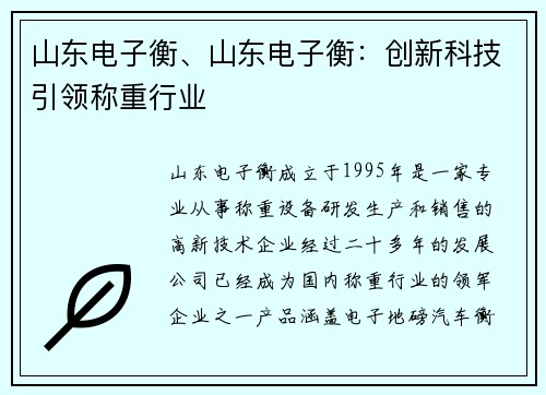 山东电子衡、山东电子衡：创新科技引领称重行业